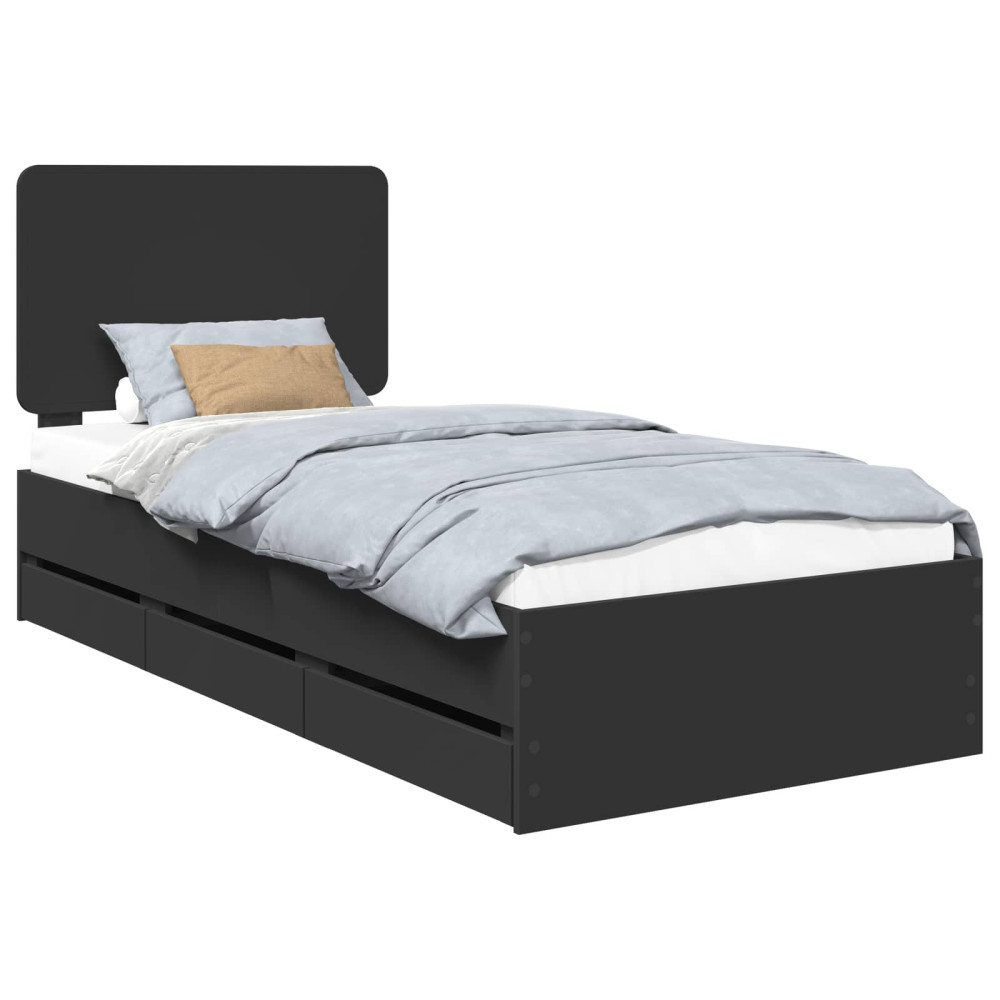 Produktbild för Sängram med låda med huvudgavel Svart 75 x 190 cm Ingenjörsträ