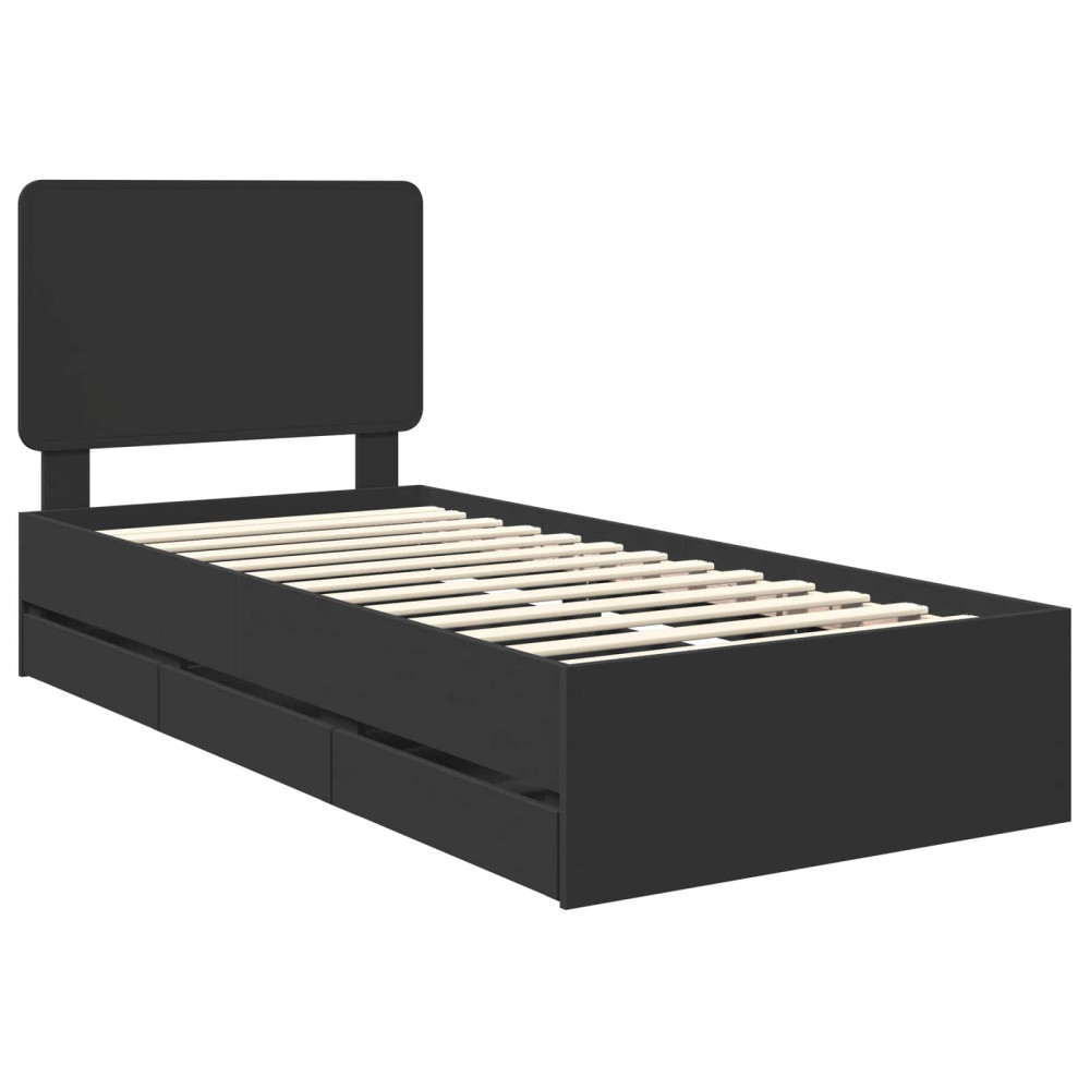 Produktbild för Sängram med låda med huvudgavel Svart 75 x 190 cm Ingenjörsträ