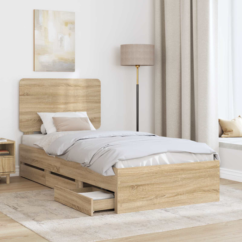 Produktbild för Sängram med låda med lagring Sonoma-ek 75 x 190 cm Ingenjörsträ