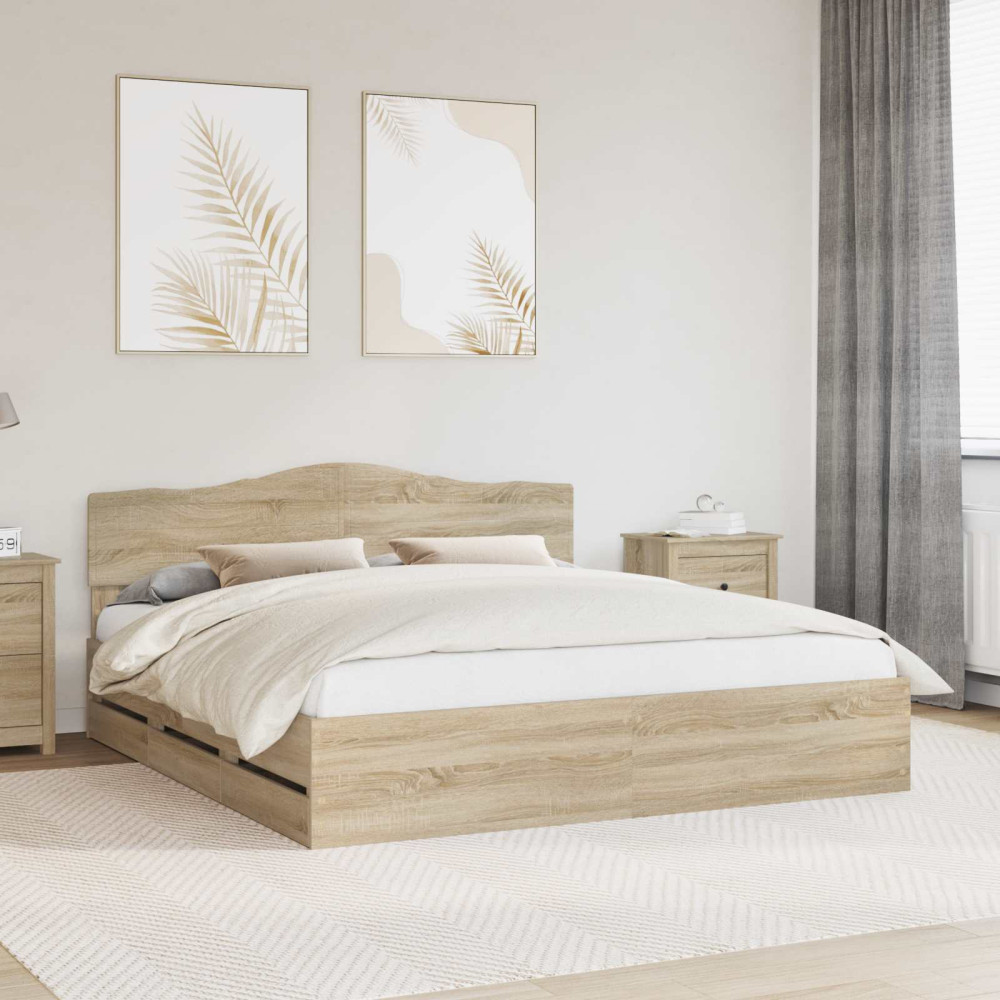 Produktbild för Sängram med låda Sonoma-ek 200 x 200 cm Ingenjörsträ