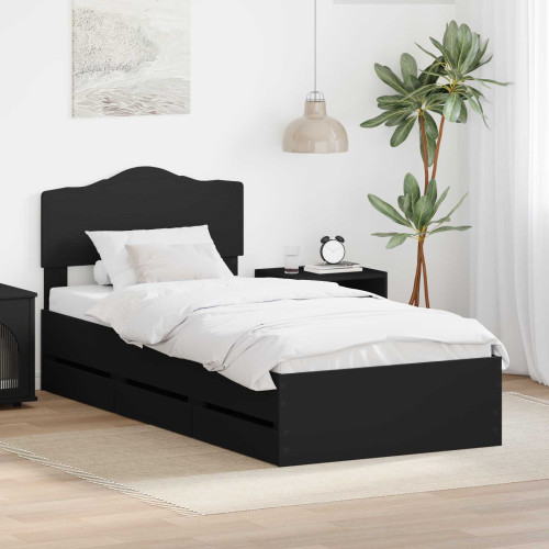 vidaXL Sängram med låda med huvudgavel Svart 90 x 190 cm Ingenjörsträ