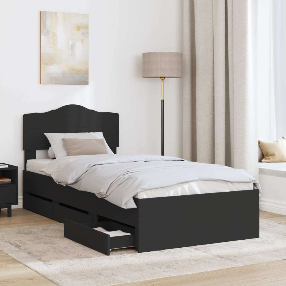 Produktbild för Sängram med låda med huvudgavel Svart 90 x 190 cm Ingenjörsträ