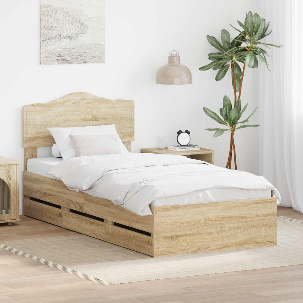 Produktbild för Sängram med låda med lagring Sonoma-ek 75 x 190 cm Ingenjörsträ