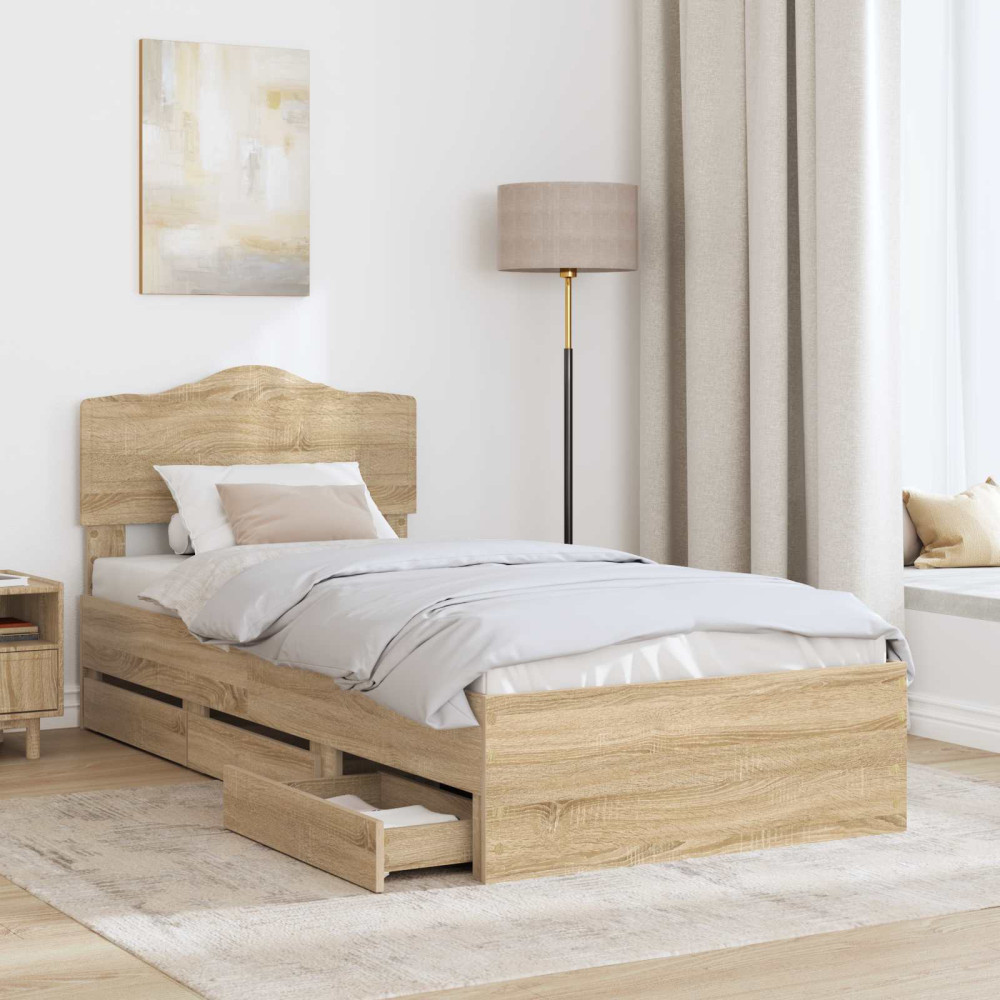 Produktbild för Sängram med låda med lagring Sonoma-ek 75 x 190 cm Ingenjörsträ