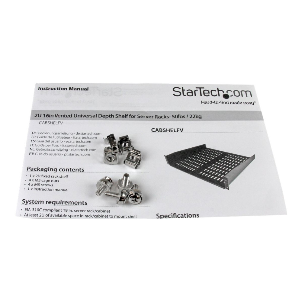 Produktbild för StarTech.com 2U serverrackhylla - Universell ventilerad fribärande serverhylla med rackfäste för 19-tums nätverksutrustning i rack och skåp - Kraftigt stål - Viktkapacitet 23 kg - 41 cm djup hylla, svart - hylla för rack - 2U