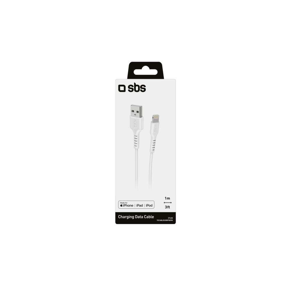 Produktbild för SBS TECABLEUSBIP589W, 1 m, Lightning, USB A, Hankoppling, Ha...
