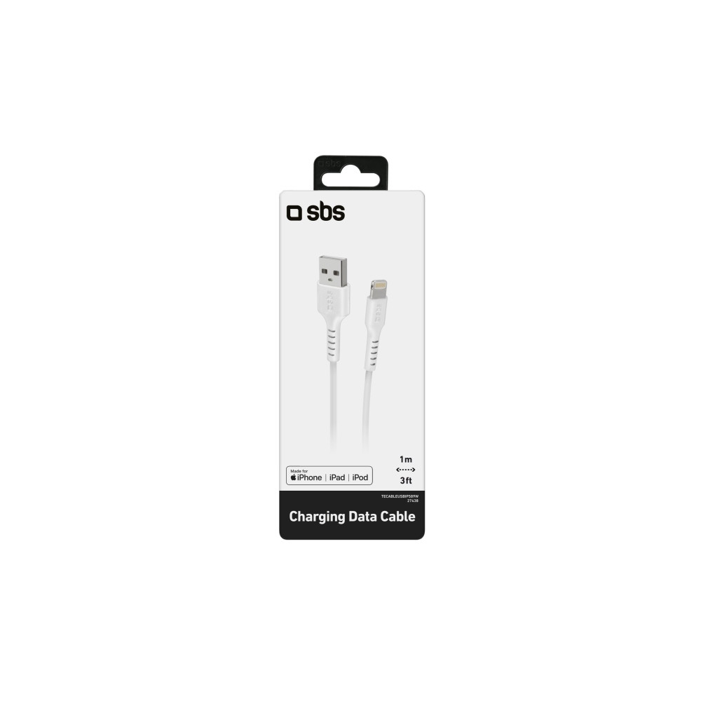 Produktbild för SBS TECABLEUSBIP589W, 1 m, Lightning, USB A, Hankoppling, Ha...