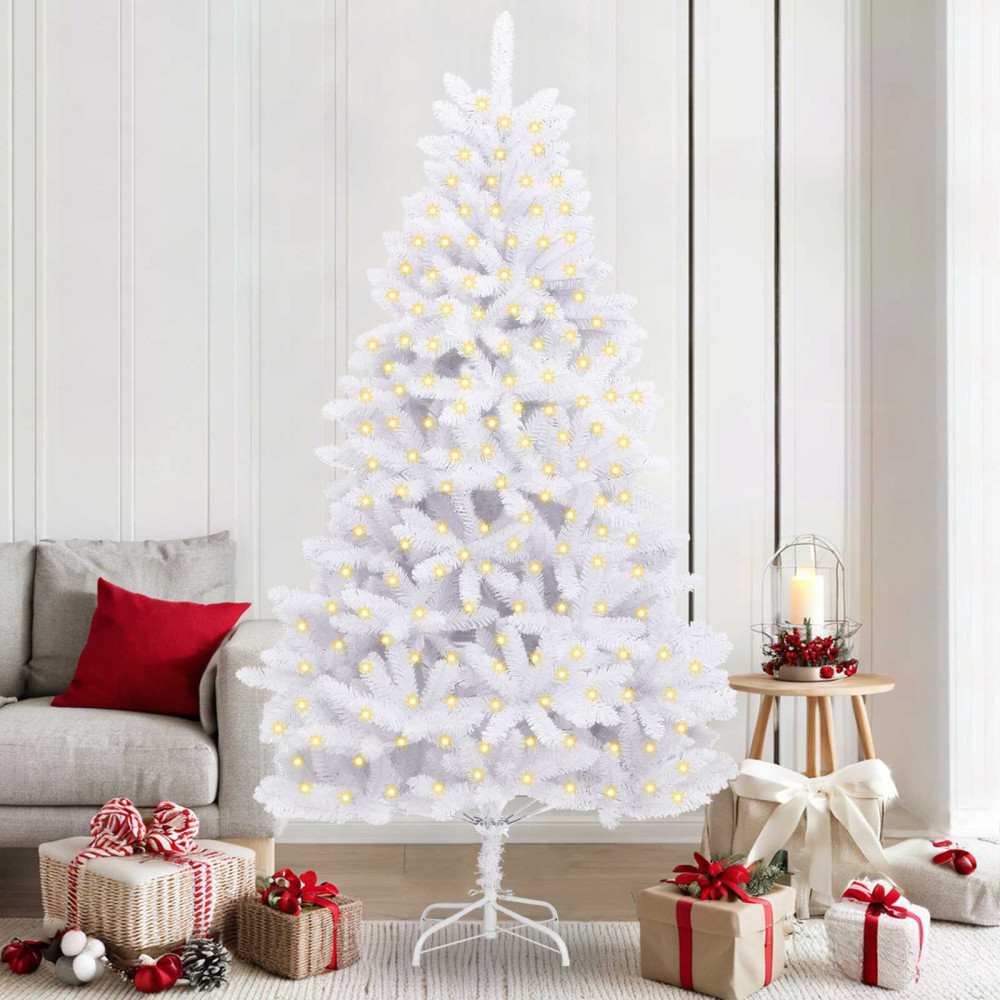 Produktbild för Konstgjord julgran med 300 LED-lampor Vit 210 cm PVC och metall