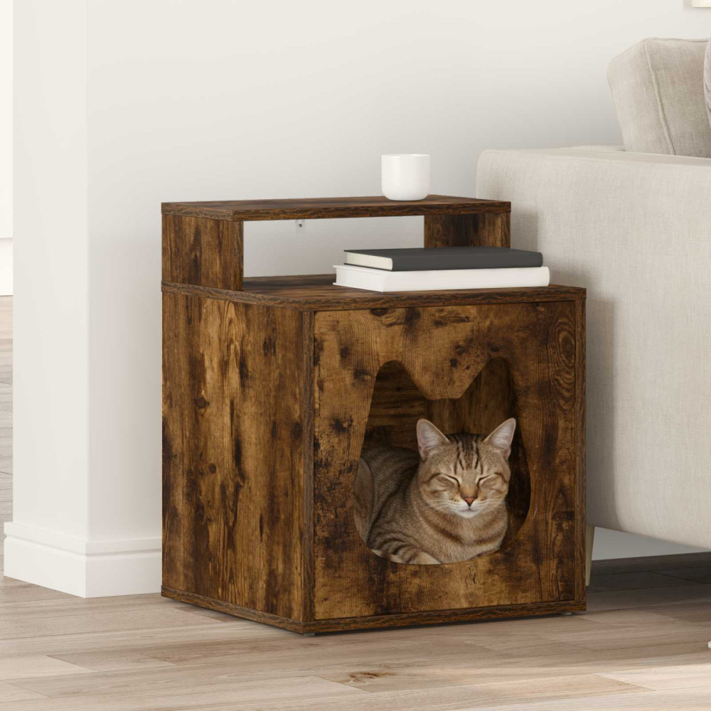 Produktbild för Katt hus Rökt ek 42,5 x 40 x 53,5 cm Konstruerat trä