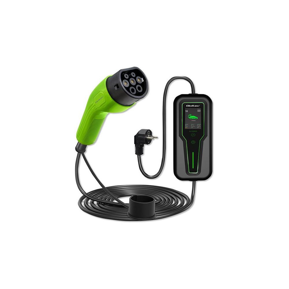 Produktbild för Qoltec EV-laddningsstation - 2-i-1, med reglering, 230V, LCD, portabel, väggbox - IEC 62196 Type 2 - 3.5 kW