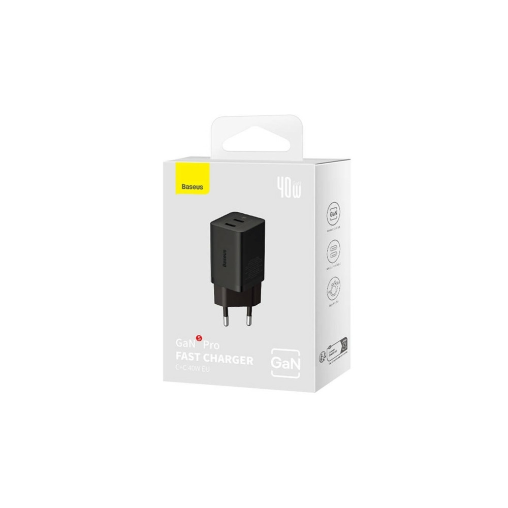 Produktbild för Baseus laddare Baseus GaN5 40W väggladdare, 2x USB C (svart)
