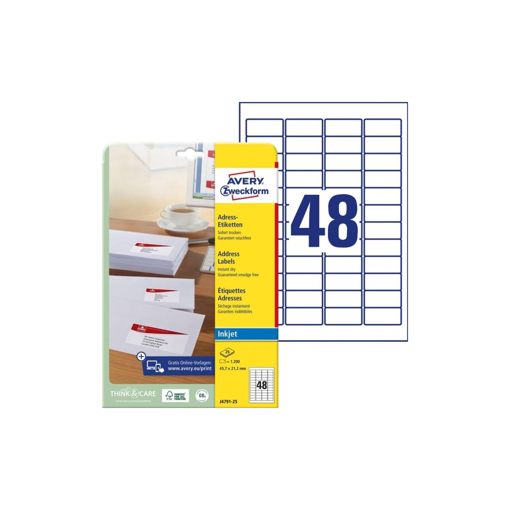 Produktbild för Avery Zweckform J4791 - returadressetiketter - 1200 etikett (er) - 21.2 x 45.7 mm