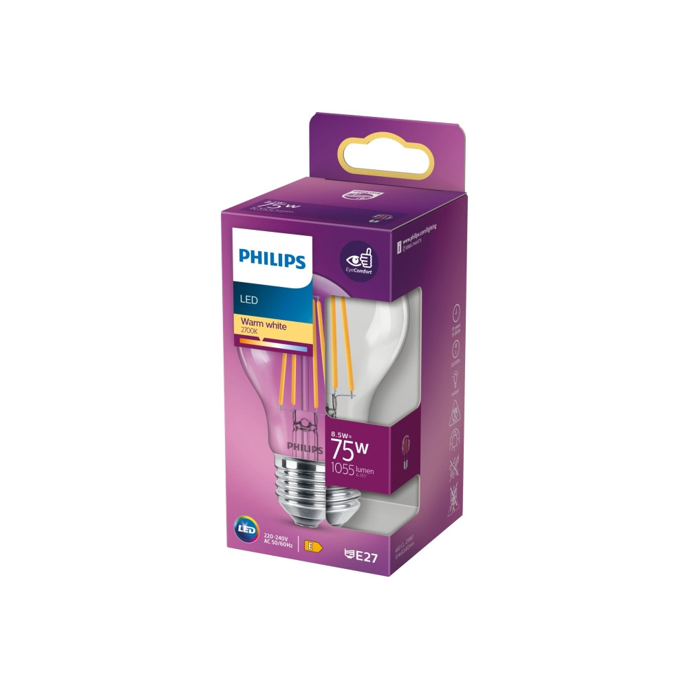 Produktbild för Philips - LED-glödlampa - form: A60 - klar finish - E27 - 8.5 W - varmt vitt ljus - 2700 K