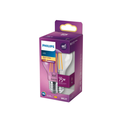 Philips Philips - LED-glödlampa - form: A60 - klar finish - E27 - 8.5 W - varmt vitt ljus - 2700 K