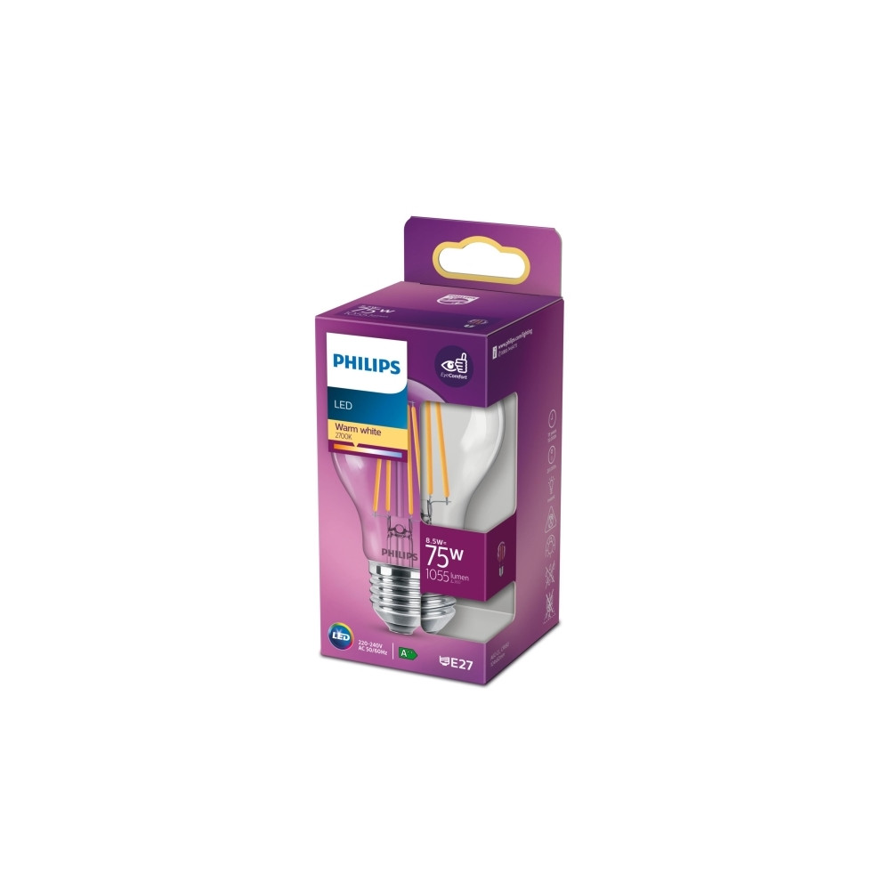 Produktbild för Philips - LED-glödlampa - form: A60 - klar finish - E27 - 8.5 W - varmt vitt ljus - 2700 K