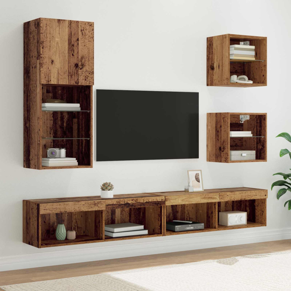 Produktbild för TV-väggenheter med LED 5 pcs Gammalt trä Konstruerat trä