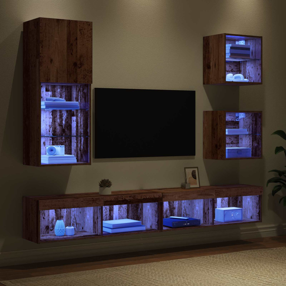 Produktbild för TV-väggenheter med LED 5 pcs Gammalt trä Konstruerat trä