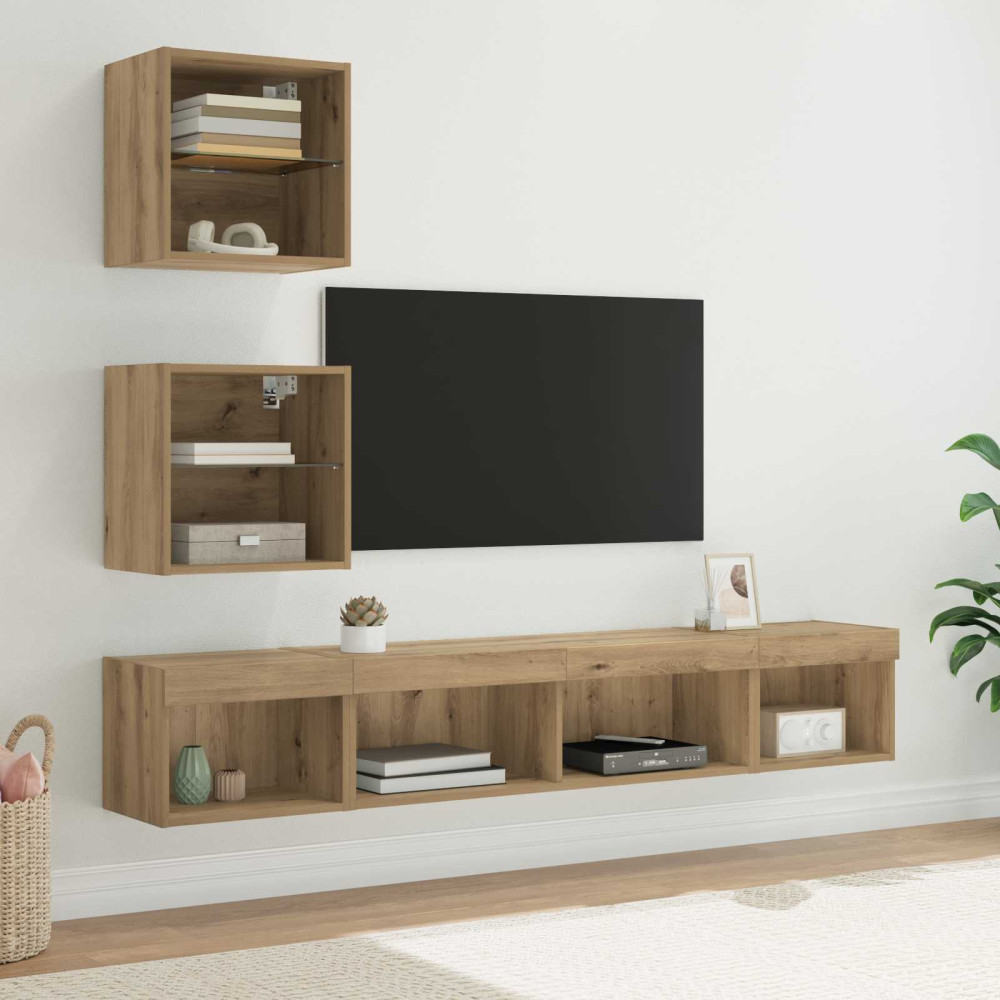 Produktbild för TV-väggenheter med LED 5 pcs Artisan Ek Konstruerat trä