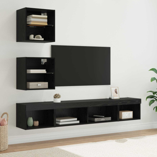vidaXL TV-väggenheter med LED med led 5 pcs Svart Ek Konstruerat trä