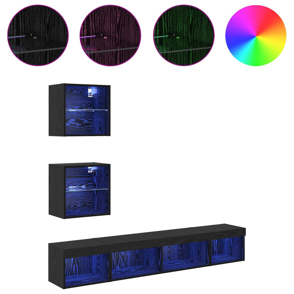 Produktbild för TV-väggenheter med LED med led 5 pcs Svart Ek Konstruerat trä