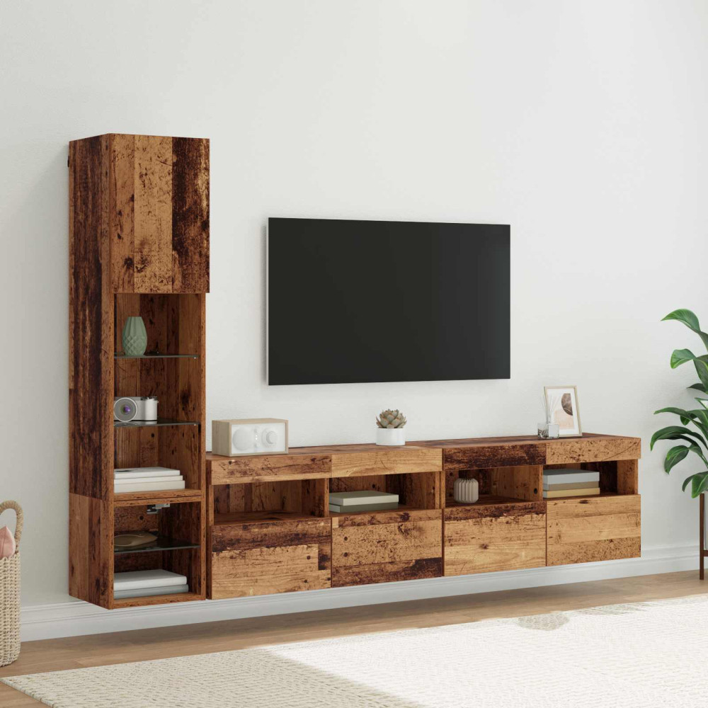 Produktbild för TV-väggmodul med led 4 pcs Gammalt trä Konstruerat trä