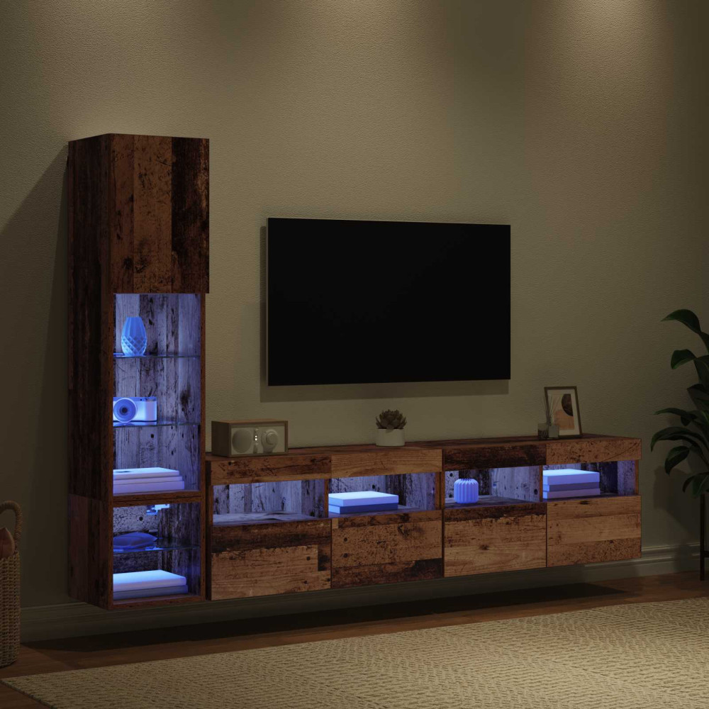 Produktbild för TV-väggmodul med led 4 pcs Gammalt trä Konstruerat trä