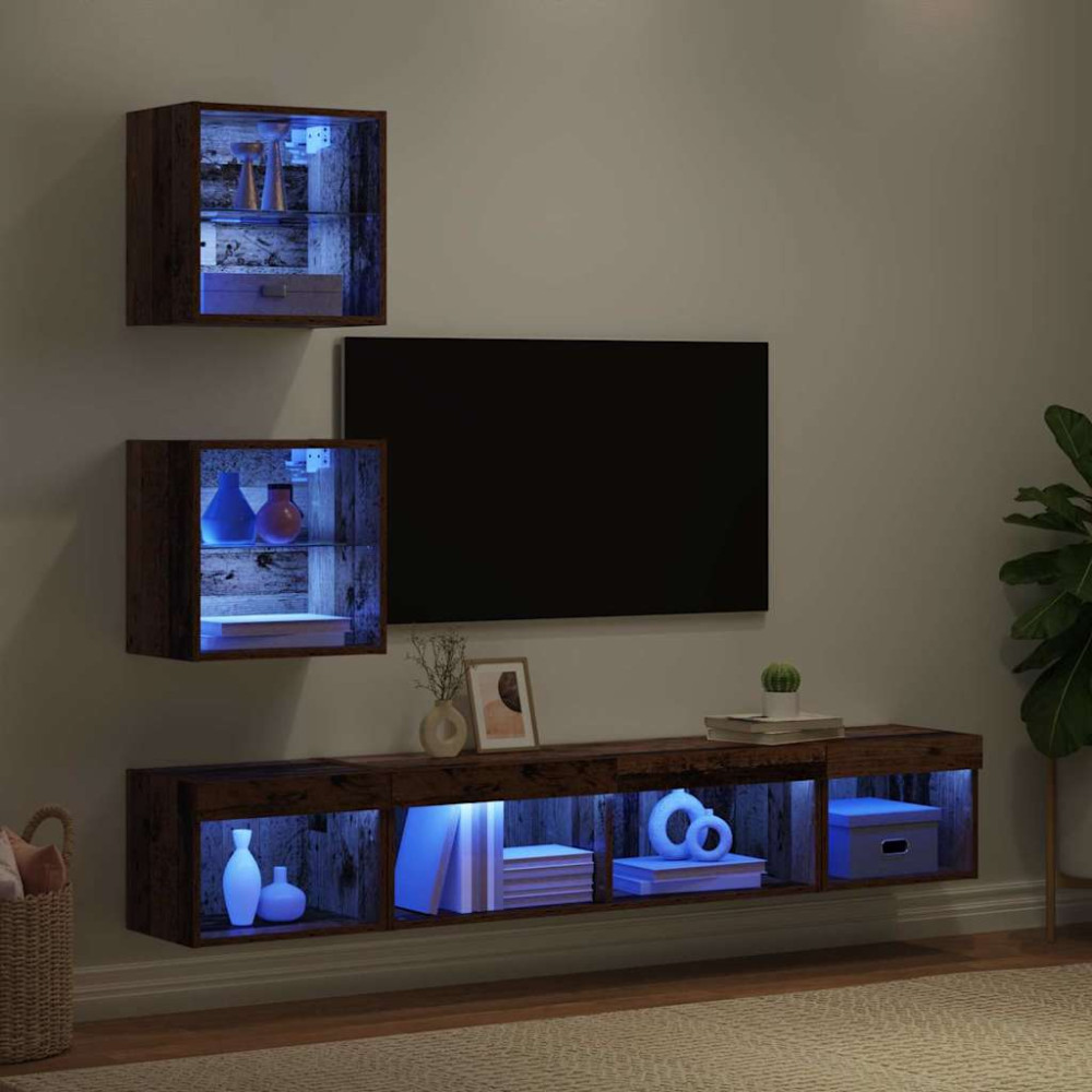 Produktbild för TV-väggenheter med LED 5 pcs Gammalt trä Konstruerat trä