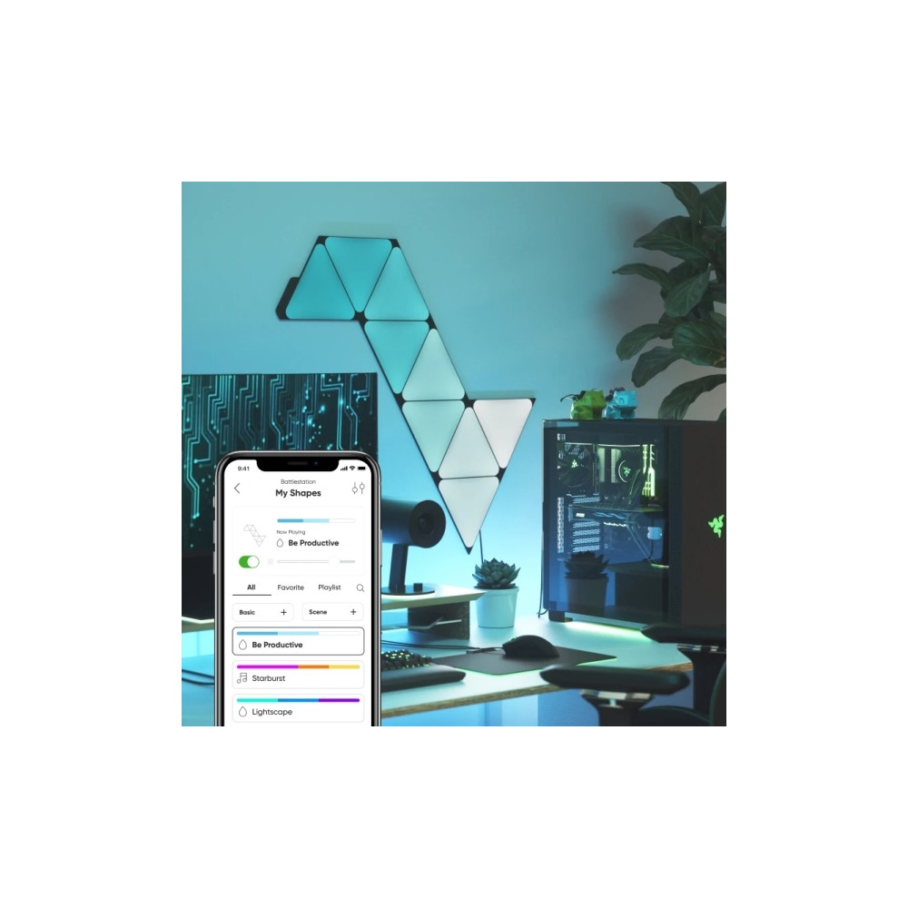 Produktbild för Nanoleaf Shapes Starter Kit - ljuspanelskit - LED - 230 x 200 mm - 1.5 W - 16 miljoner färger - 1200-6500 K - triangel - svart