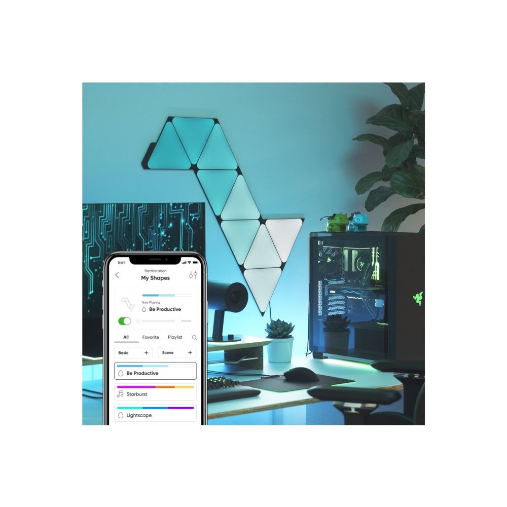 Produktbild för Nanoleaf Shapes Starter Kit - ljuspanelskit - LED - 230 x 200 mm - 1.5 W - 16 miljoner färger - 1200-6500 K - triangel - svart