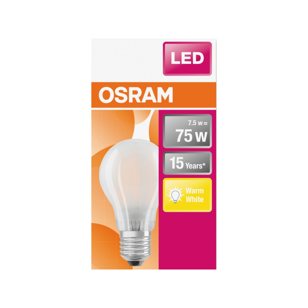 Produktbild för OSRAM Retrofit CLASSIC A - LED-glödlampa med filament - form: A60 - glaserad finish - E27 - 7.5 W - varmt vitt ljus - 2700 K