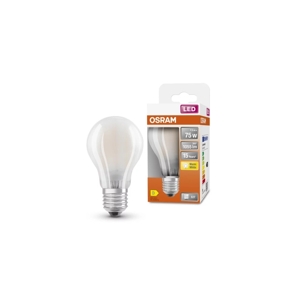 Produktbild för OSRAM Retrofit CLASSIC A - LED-glödlampa med filament - form: A60 - glaserad finish - E27 - 7.5 W - varmt vitt ljus - 2700 K