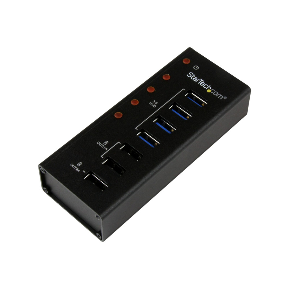 Produktbild för StarTech.com USB 3.0-hubb med 4 portar plus 3 dedicerade USB-laddningsportar (2x 1A & 1x 2A) – väggmonterbart metallhölje - hubb - 4 portar
