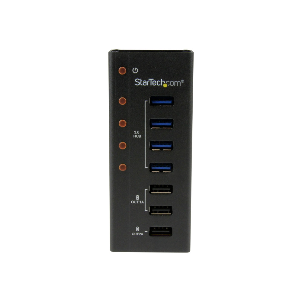 Produktbild för StarTech.com USB 3.0-hubb med 4 portar plus 3 dedicerade USB-laddningsportar (2x 1A & 1x 2A) – väggmonterbart metallhölje - hubb - 4 portar