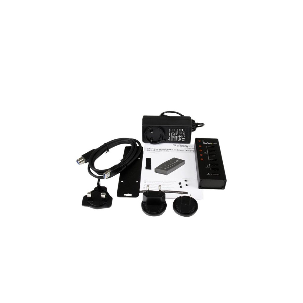 Produktbild för StarTech.com USB 3.0-hubb med 4 portar plus 3 dedicerade USB-laddningsportar (2x 1A & 1x 2A) – väggmonterbart metallhölje - hubb - 4 portar