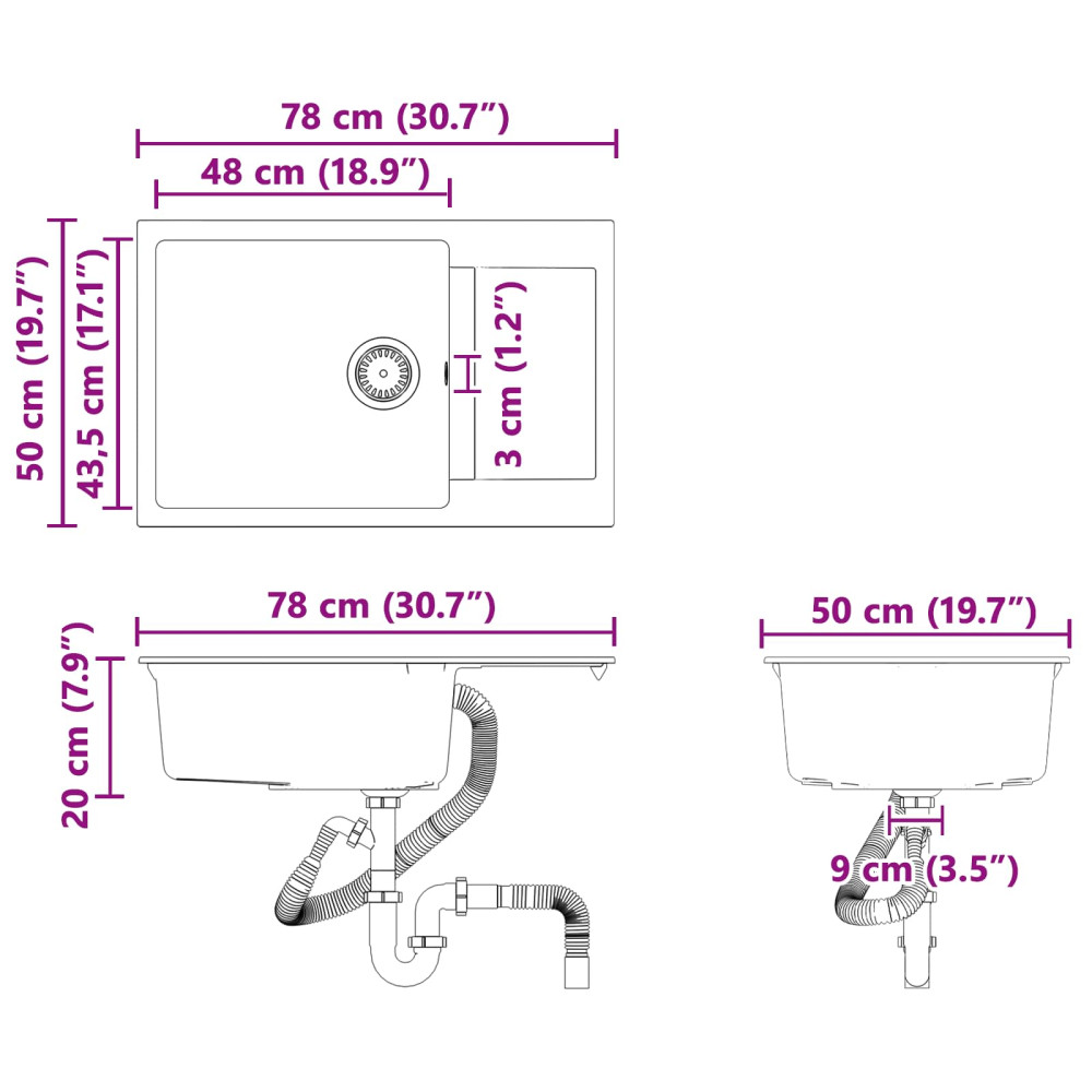 Produktbild för Diskho Svart 780 x 500 mm 80% Kvarts och 20% Resin
