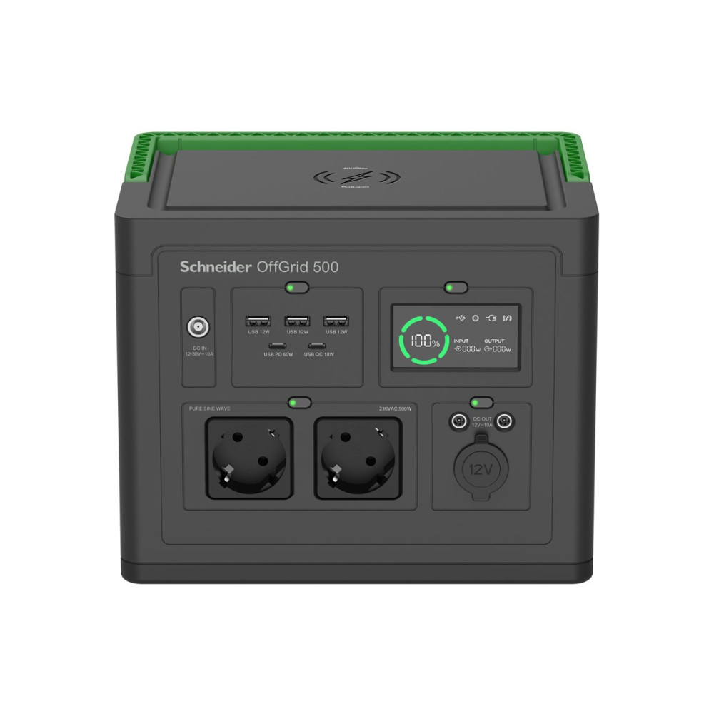 Produktbild för Schneider OffGrid 500 - bärbar kraftstation - LCD, litiumjon, 2 CEE 7/3 schuko uttag, sinusvåg, 3 USB-A, 2 USB-C, trådlös laddare - 500 watt - Li-Ion - 517 Wh