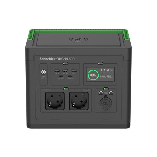 APC Schneider OffGrid 500 - bärbar kraftstation - LCD, litiumjon, 2 CEE 7/3 schuko uttag, sinusvåg, 3 USB-A, 2 USB-C, trådlös laddare - 500 watt - Li-Ion - 517 Wh