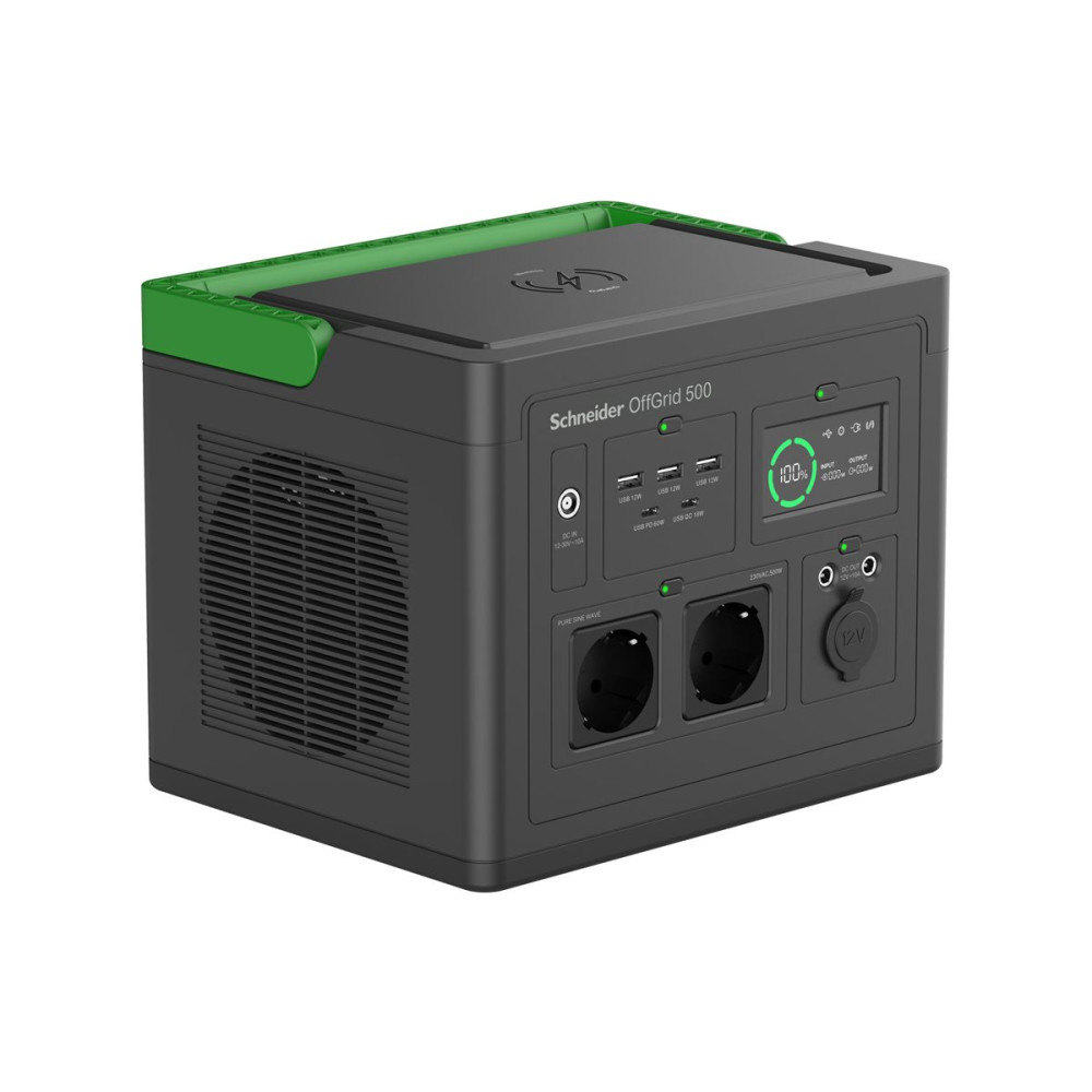 Produktbild för Schneider OffGrid 500 - bärbar kraftstation - LCD, litiumjon, 2 CEE 7/3 schuko uttag, sinusvåg, 3 USB-A, 2 USB-C, trådlös laddare - 500 watt - Li-Ion - 517 Wh