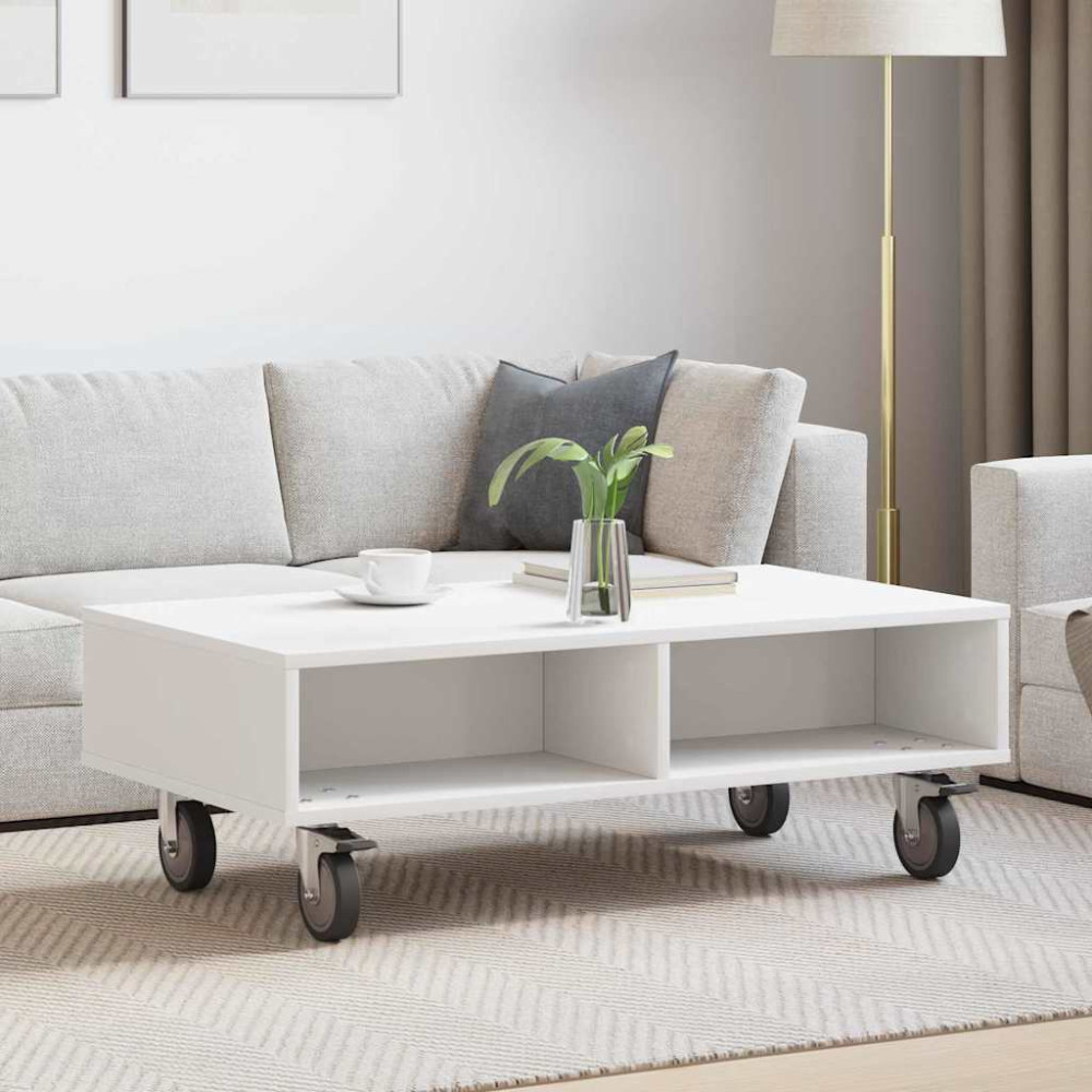 Produktbild för Sido bord med hjul Vit 90 x 50 x 30 cm Konstruerat trä