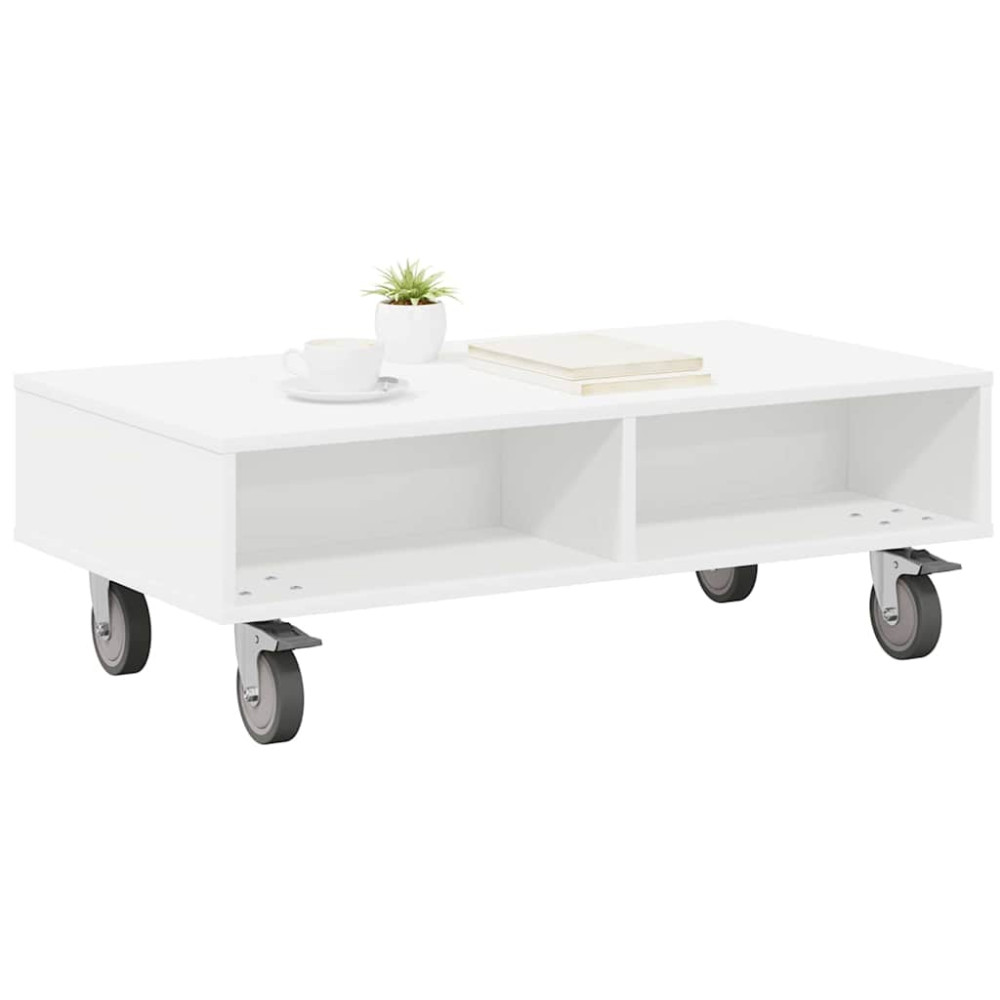 Produktbild för Sido bord med hjul Vit 90 x 50 x 30 cm Konstruerat trä