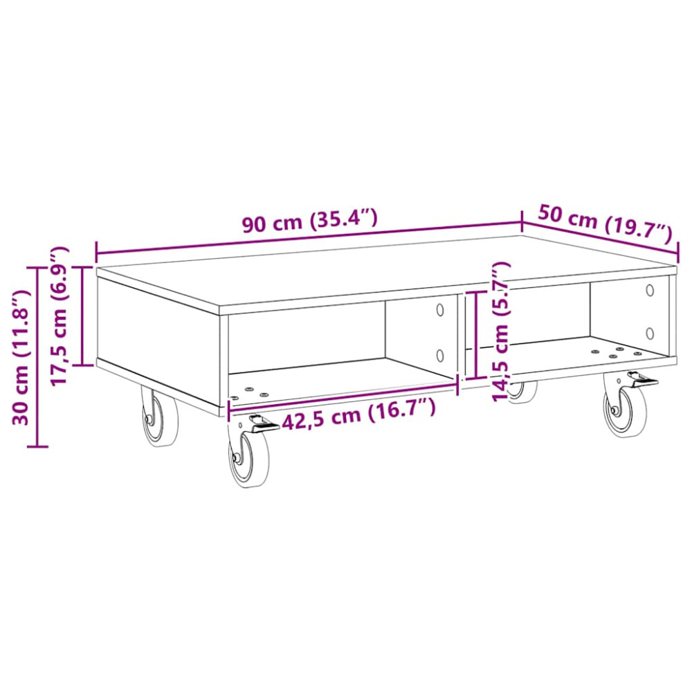 Produktbild för Sido bord med hjul Rökt ek 90 x 50 x 30 cm Konstruerat trä