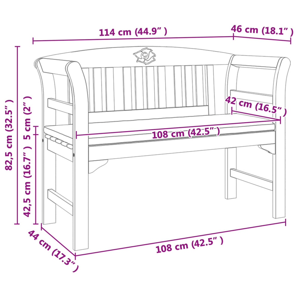 Produktbild för Rosabänk med kudde Krämvit 114 x 46 x 82,5 cm Massivt Akaciaträ
