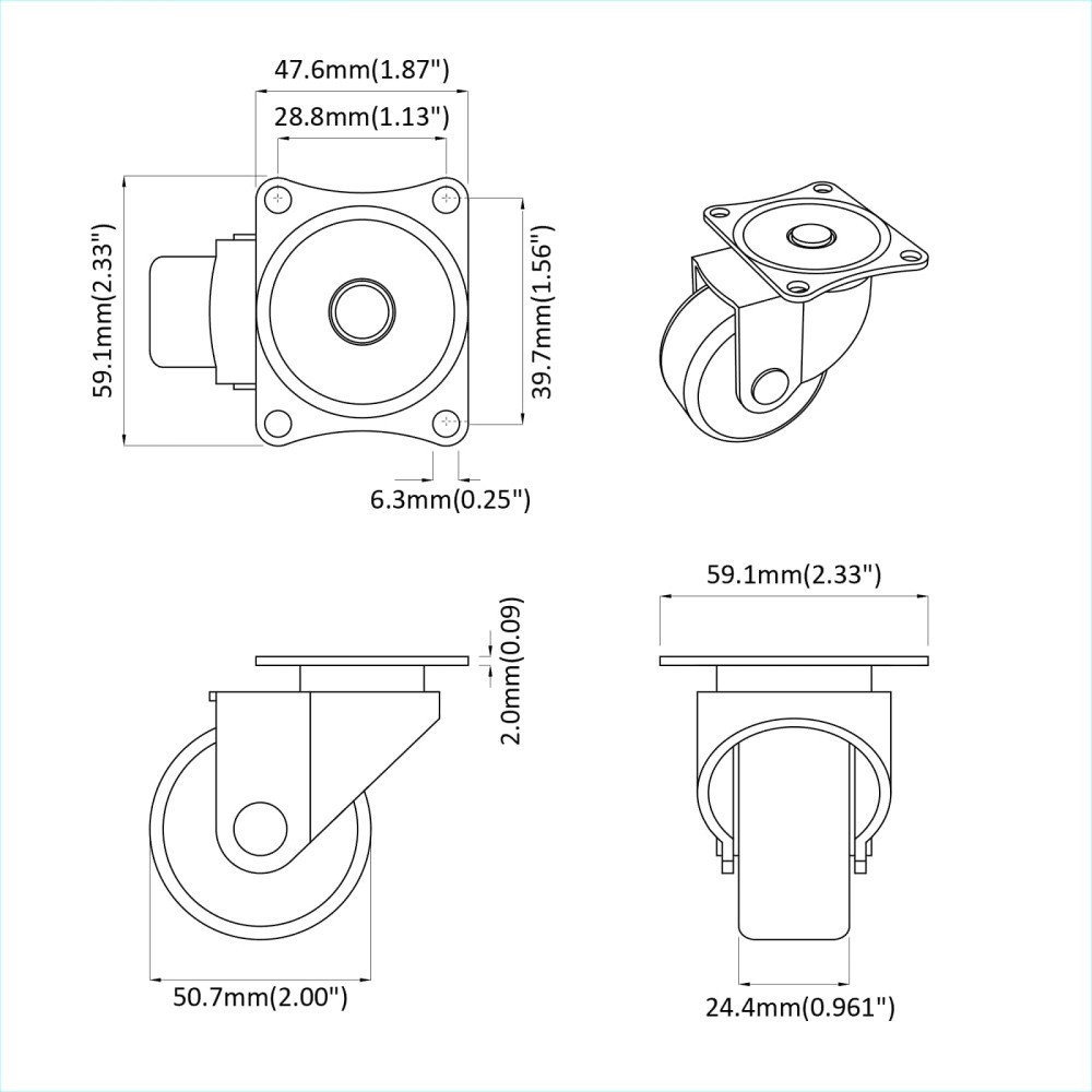 Produktbild för Svängbart hjul 2 pcs Silver 60 x 60 x 50 mm Järn och nylon