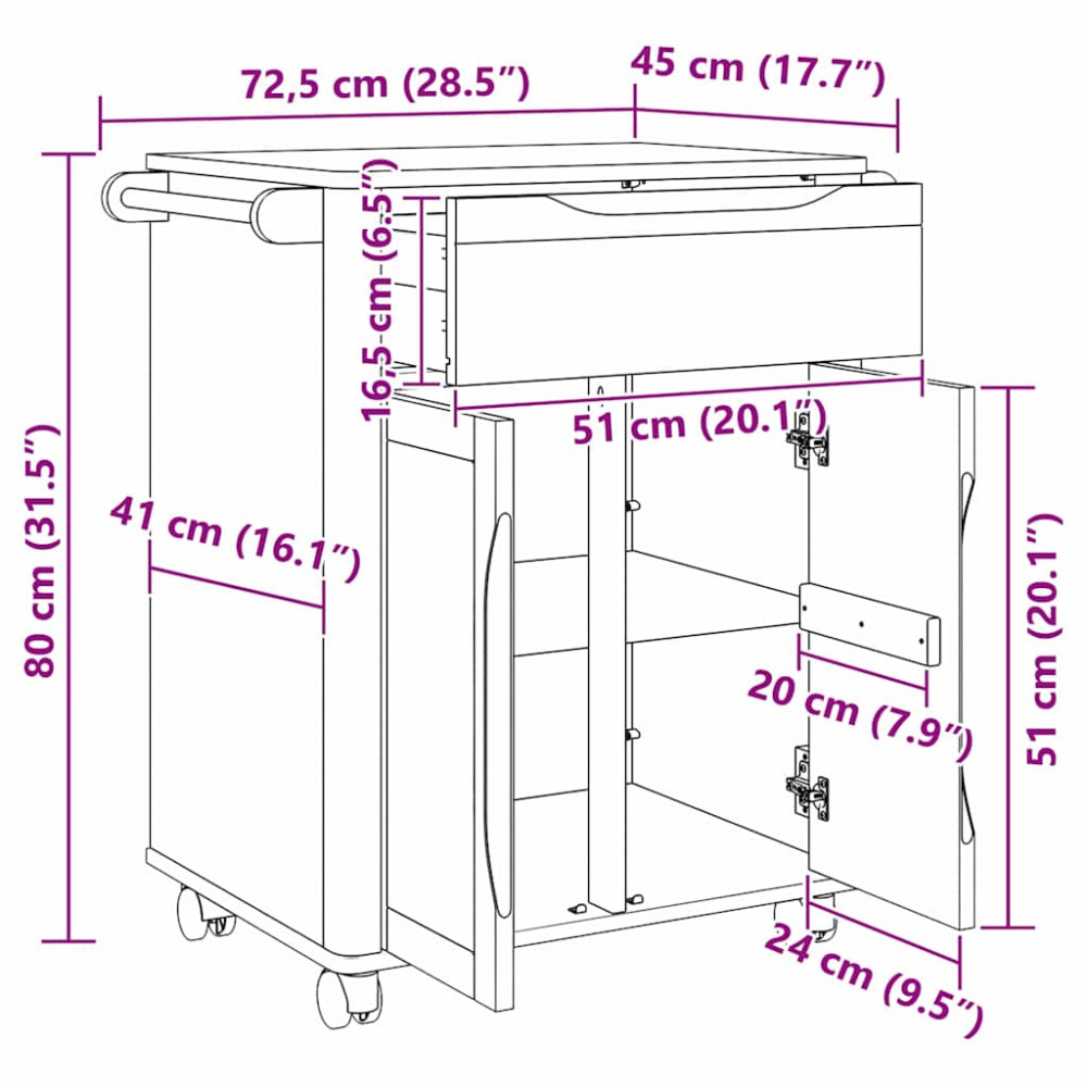 Produktbild för Köksvagn FLORO Vit 72,5 x 45 x 80 cm Massiv furu