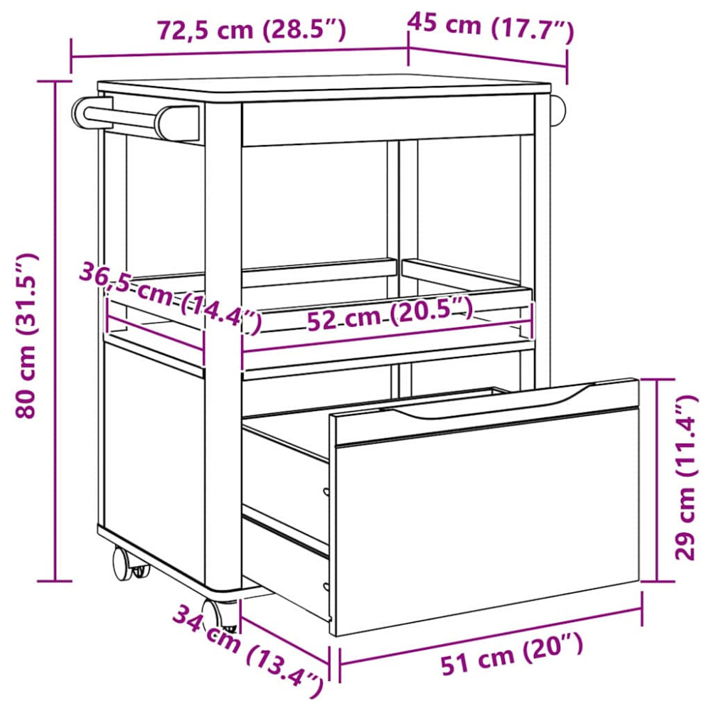 Produktbild för Köksvagn FLORO Vaxbrun 72,5 x 45 x 80 cm Massiv furu