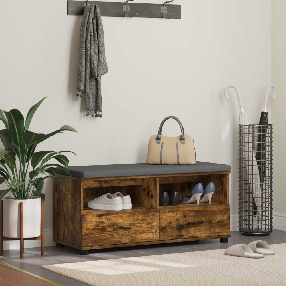 Produktbild för Hallbänk Rökt Ek 100 x 38 x 46 cm Konstruerat Trä och Tyg