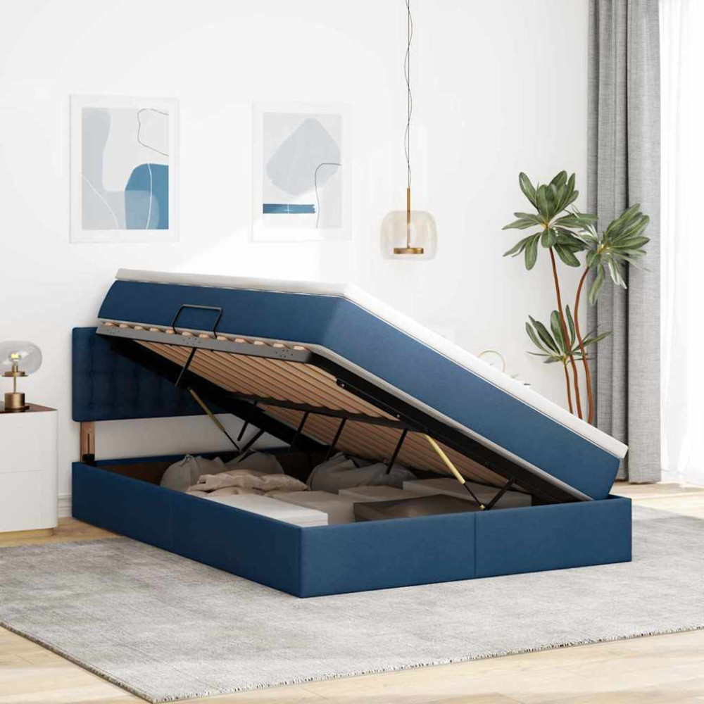 Produktbild för Förvaringssäng med madrass Blå 140 x 200 cm Konstruerat trä