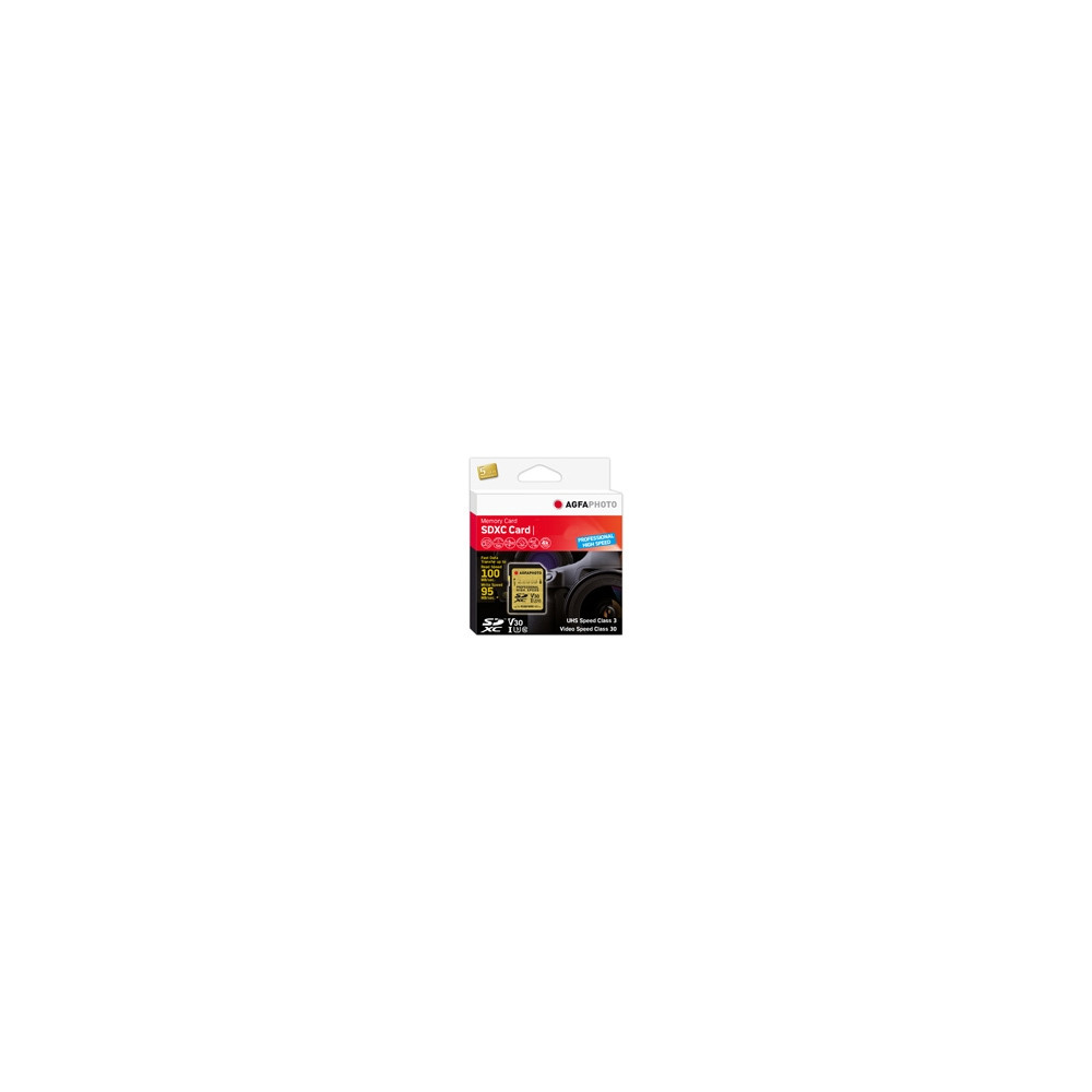 Produktbild för AgfaPhoto 10607, 128 GB, SDXC, Klass 10, UHS-I, 100 MB/s, 95...
