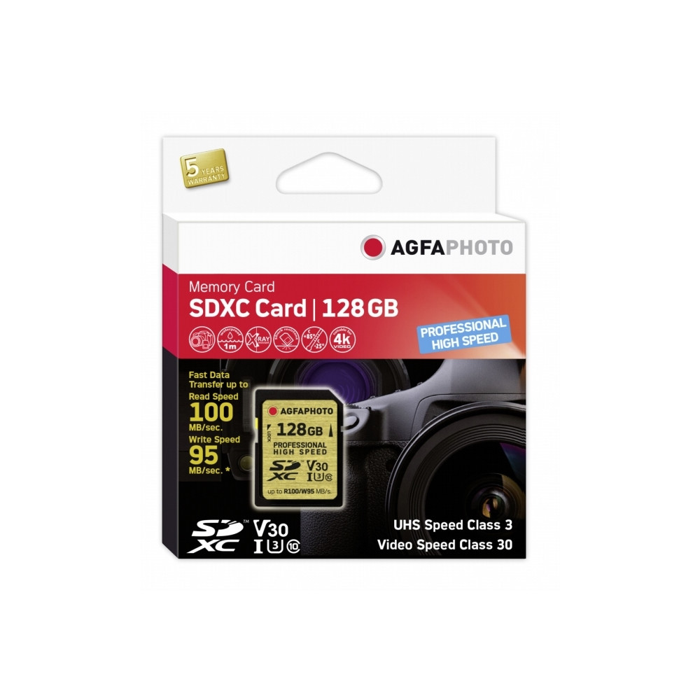 Produktbild för AgfaPhoto 10607, 128 GB, SDXC, Klass 10, UHS-I, 100 MB/s, 95...