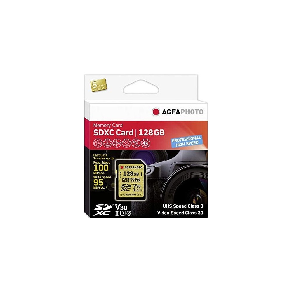 Produktbild för AgfaPhoto 10607, 128 GB, SDXC, Klass 10, UHS-I, 100 MB/s, 95...